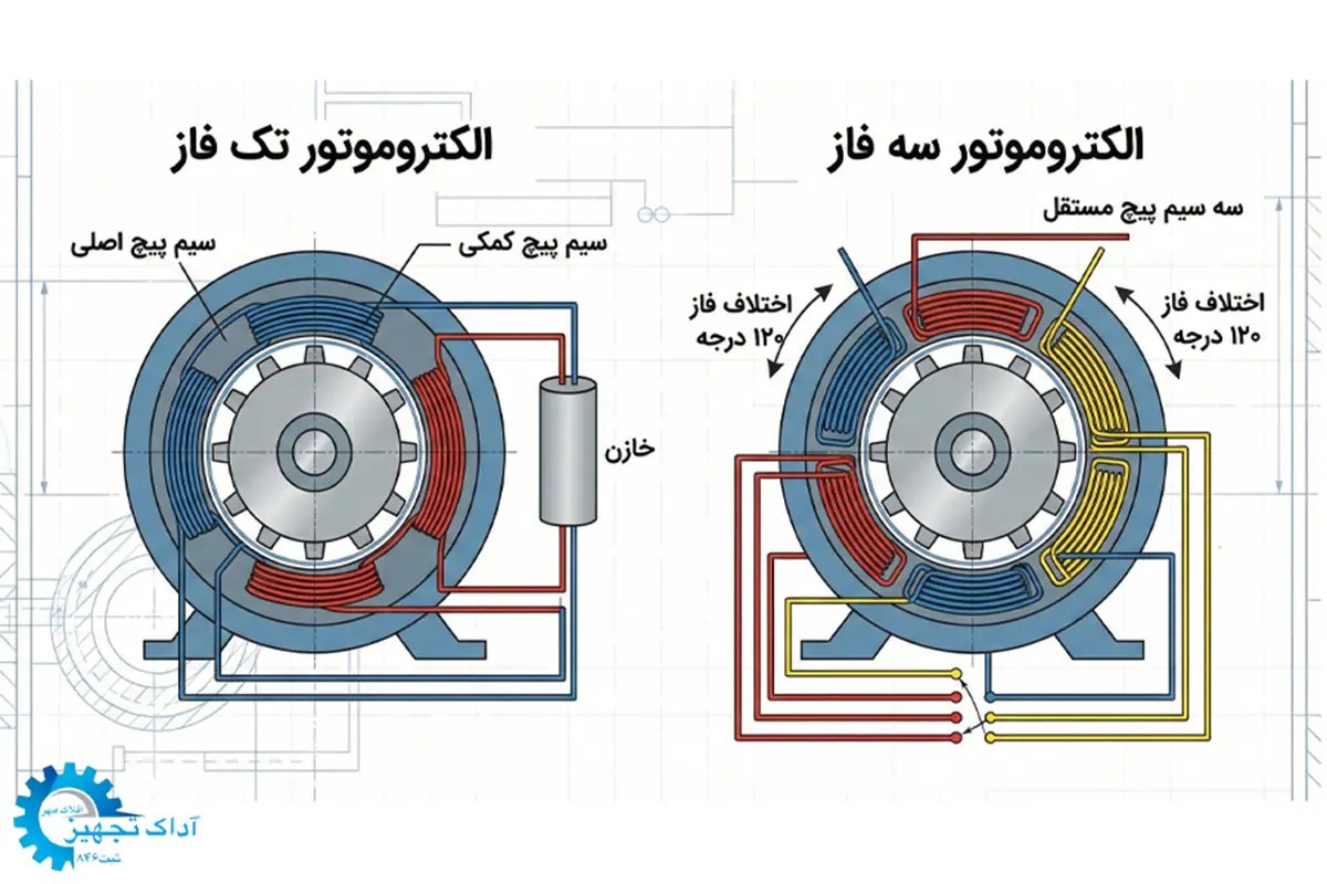 تفاوت ساختار داخلی الکتروموتور تک فاز و 3 فاز